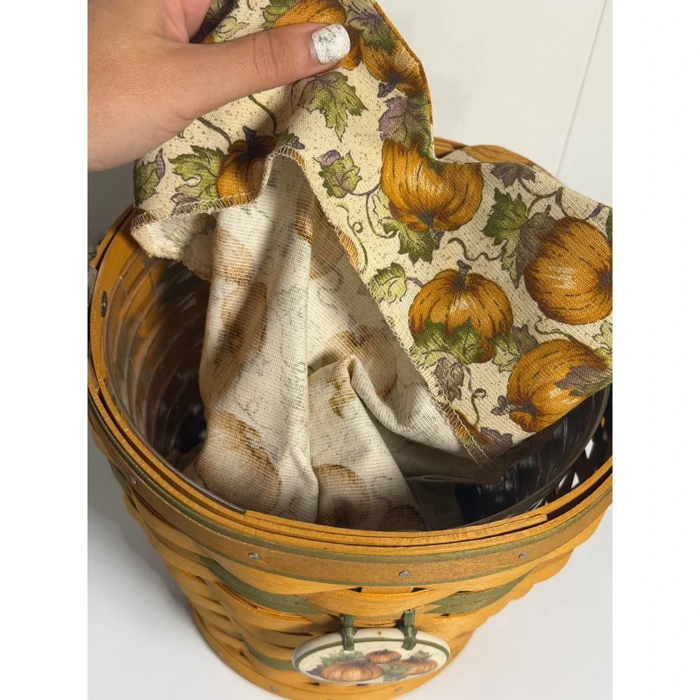 VTG Longaberger Autumn Pail Basket Sage Green 2002 Pumpkin Liner Tie-On Woven